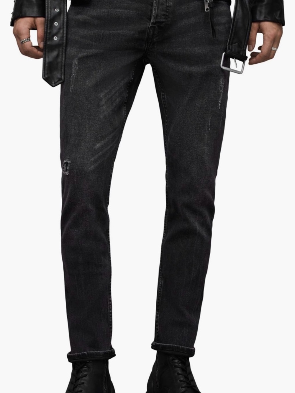 🆕 NWT AllSaints Men’s Rex Slim Fit Washed Black Jeans with Distressing